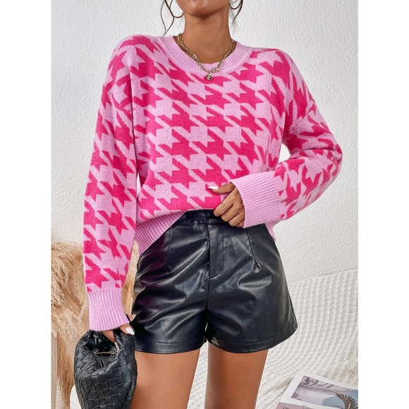 BohoGypsyDreamer.com Sweaters - Houndstooth Pattern Drop Shoulder Sweater hot pink preppy y2k